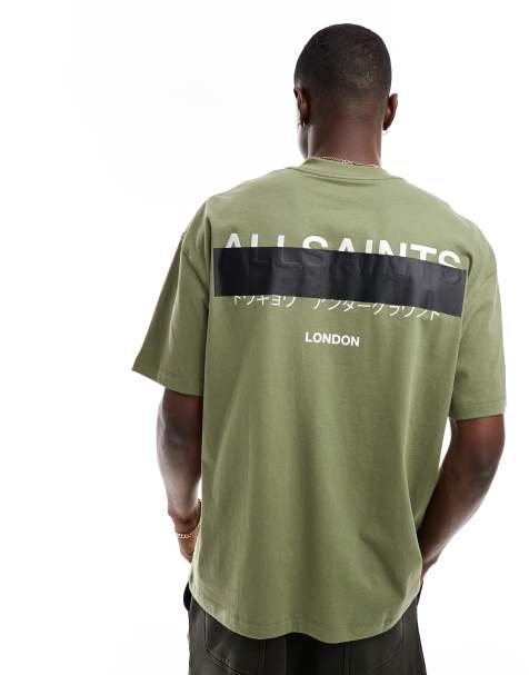 AllSaints Redact oversized embroidered logo t-shirt in green - view 1