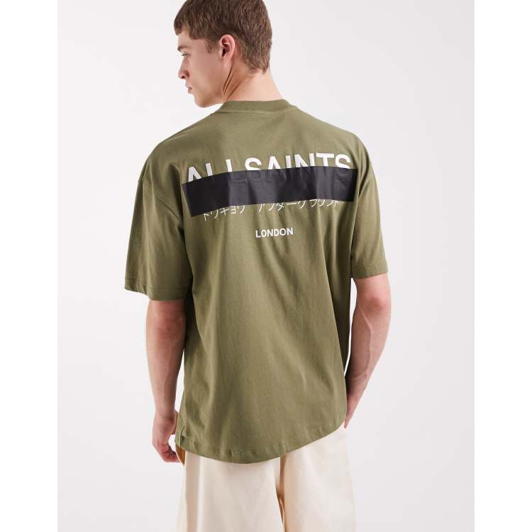 AllSaints Redact oversized embroidered logo t-shirt in green | ASOS