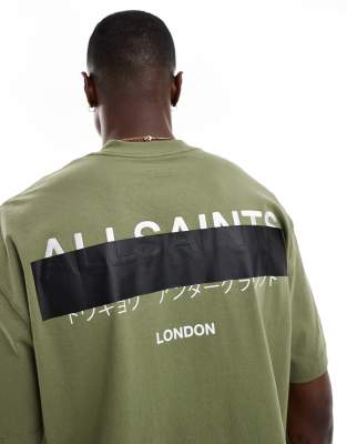 AllSaints Redact oversized embroidered logo t-shirt in green