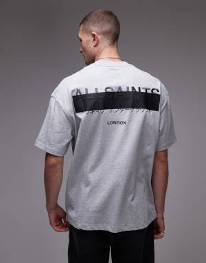 AllSaints Redact oversized embroidered logo t-shirt in grey marl - GREY