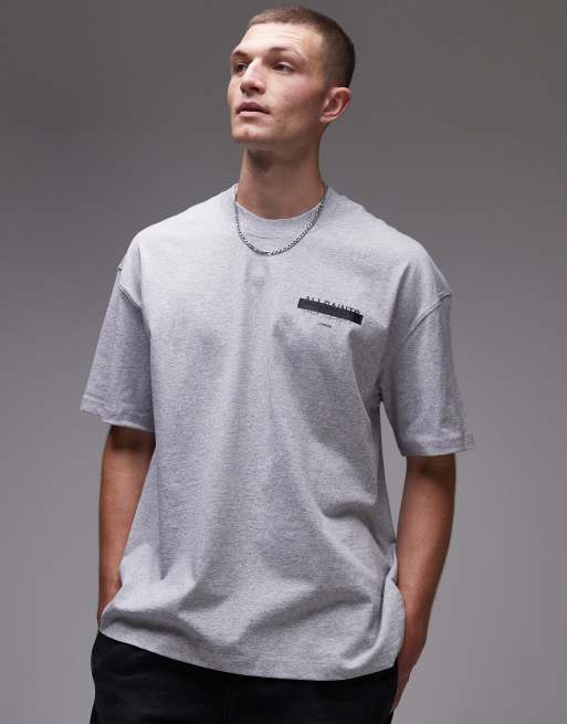 AllSaints Redact oversized embroidered logo t-shirt in grey marl
