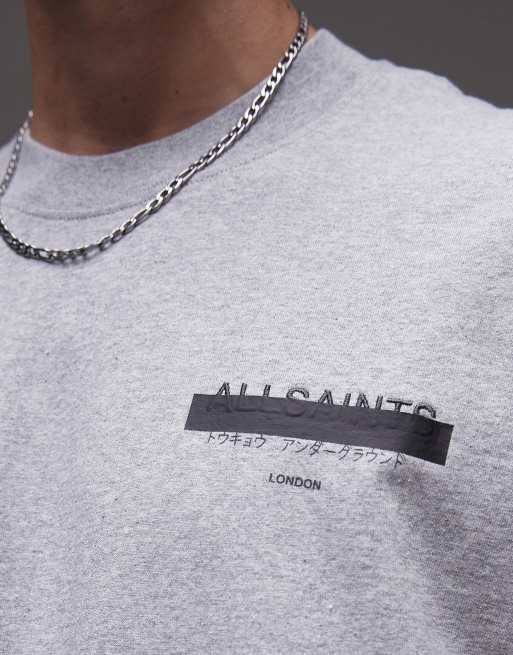 AllSaints Redact oversized embroidered logo t-shirt in grey marl