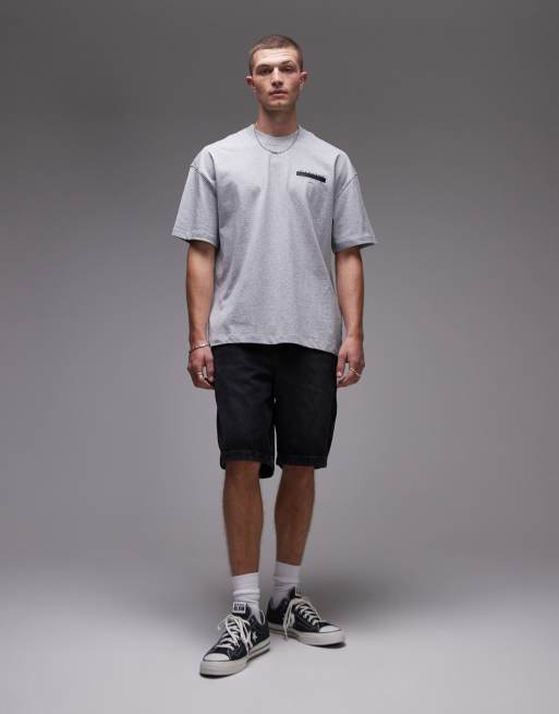 AllSaints Redact oversized embroidered logo t-shirt in grey marl