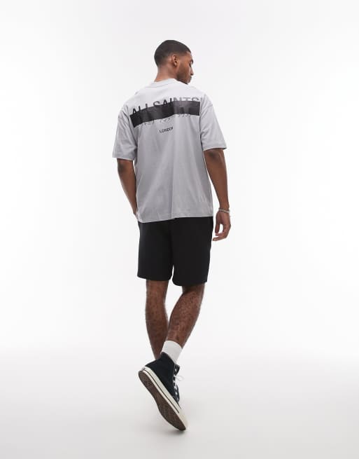 AllSaints Redact oversized embroidered logo t-shirt in machine gray