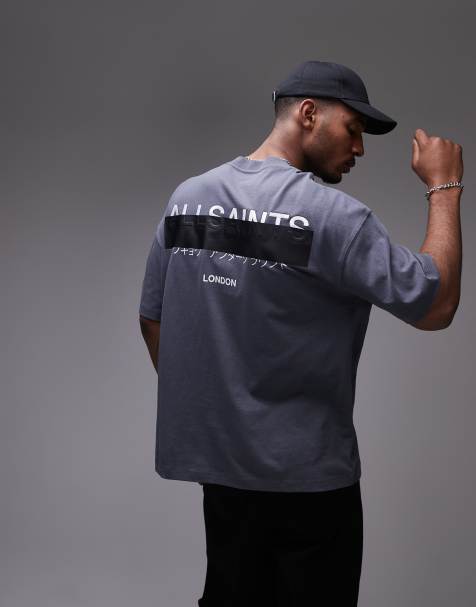 AllSaints Redact oversized embroidered logo t-shirt in pitched blue - view 1