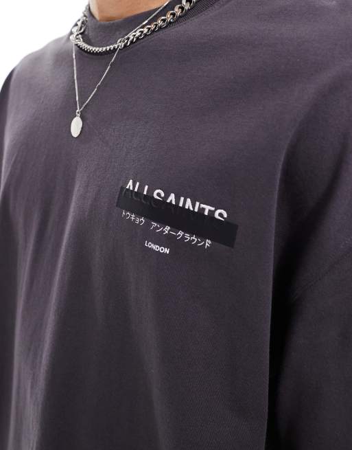 AllSaints Redact oversized embroidered logo t-shirt in washed black