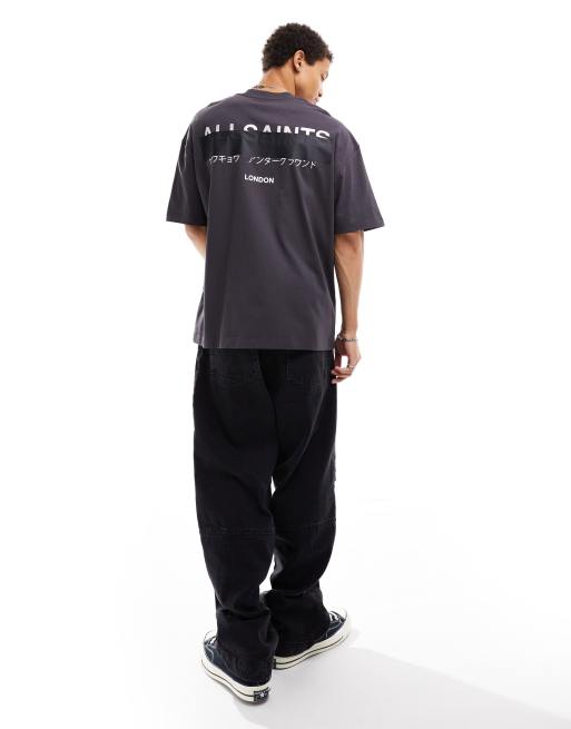 AllSaints Redact oversized embroidered logo t-shirt in washed black