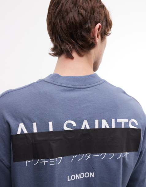 AllSaints Redact oversized embroidered logo t-shirt with back print in mid blue