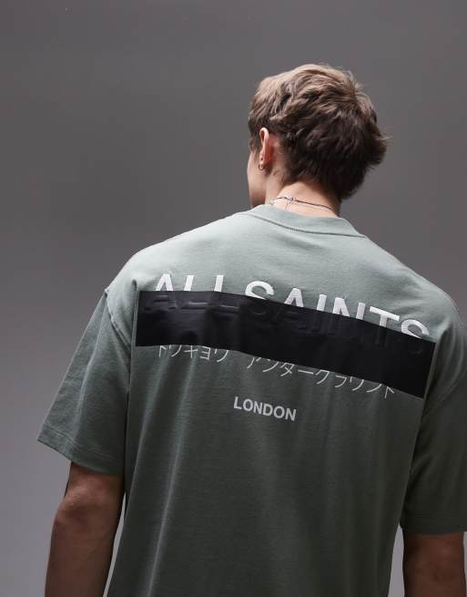 AllSaints - Redact - Oversized og grøn T-shirt med logobrodering