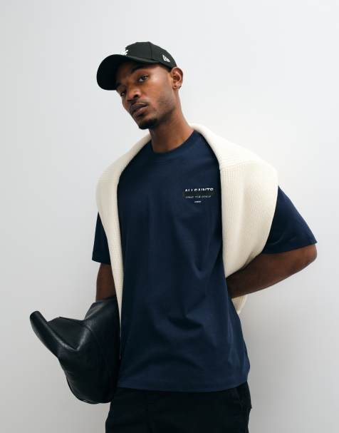 AllSaints Redact short sleeve graphic logo t-shirt with back print in dark blue - view 1