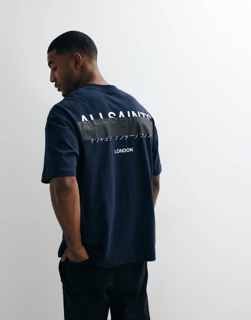 AllSaints Redact short sleeve graphic logo t-shirt with back print in dark blue, 2 of 5