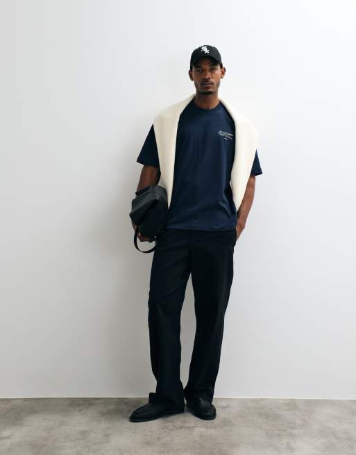 AllSaints Redact short sleeve graphic logo t-shirt with back print in dark blue, 3 of 5