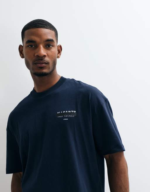 AllSaints Redact short sleeve graphic logo t-shirt with back print in dark blue, 4 of 5
