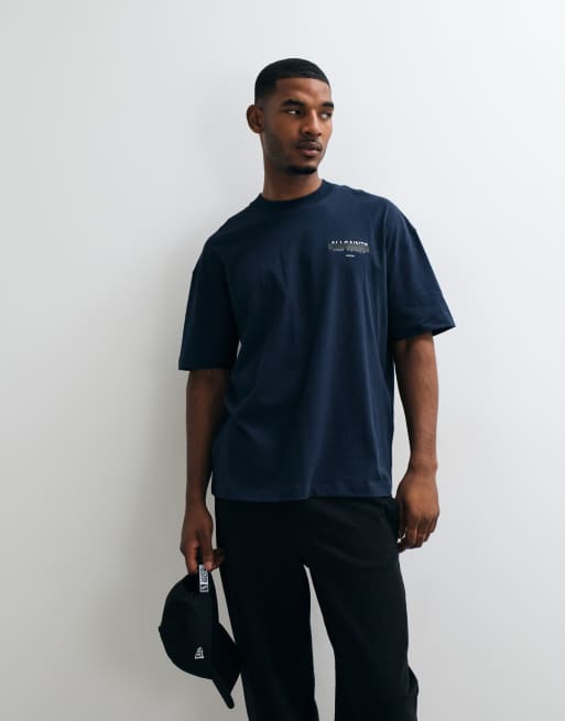 AllSaints Redact short sleeve graphic logo t-shirt with back print in dark blue, 5 of 5