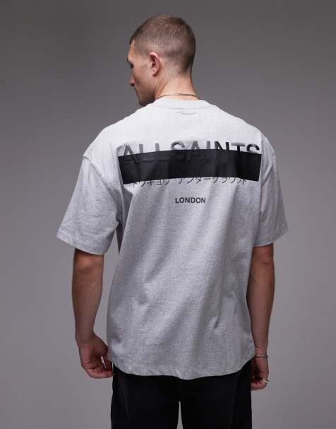 AllSaints Redact oversized embroidered logo t-shirt in grey marl 