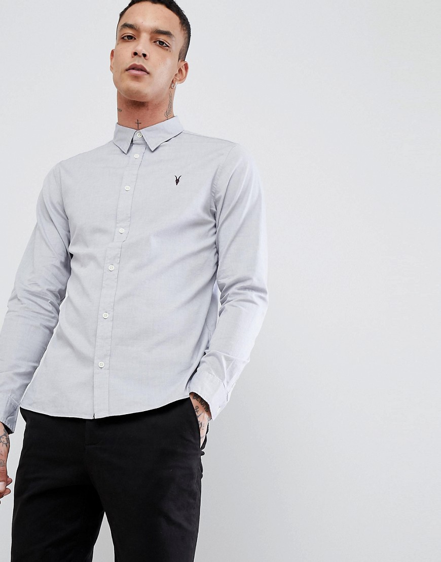 AllSaints - Redondo - Camicia a maniche lunghe grigio chiaro con logo a teschio di ariete
