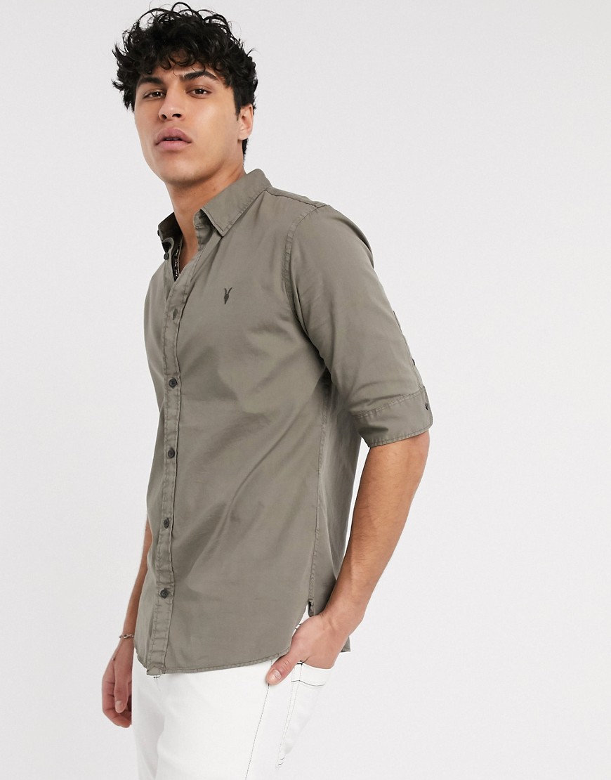AllSaints – Redondo – Grå kortärmad skjorta med skalle