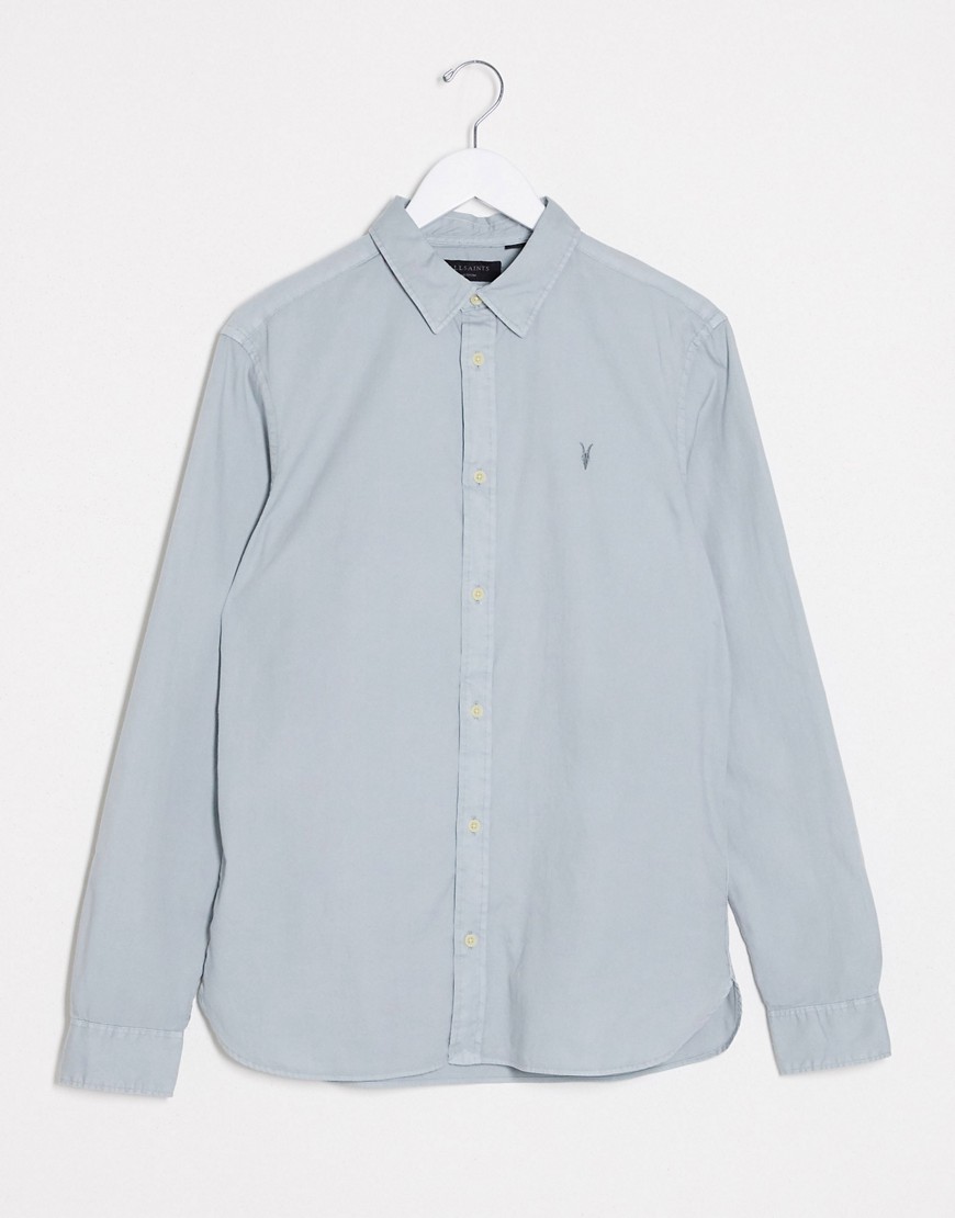 AllSaints - Redondo - Overhemd met lange mouwen en ramskop-logo in blauwe wassing