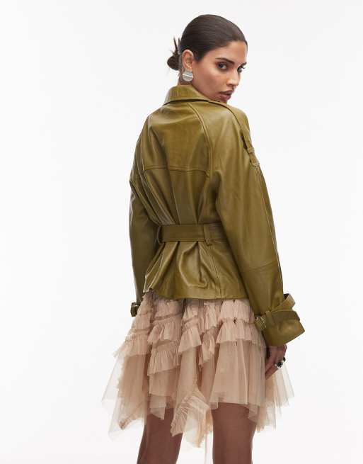 Allsaints Reed belted leather jacket in khaki, 3 of 4