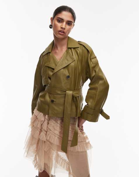 Allsaints Reed belted leather jacket in khaki