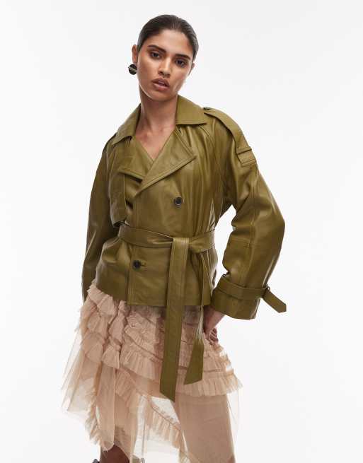 AllSaints - Reed - Giacca in pelle verde scuro 