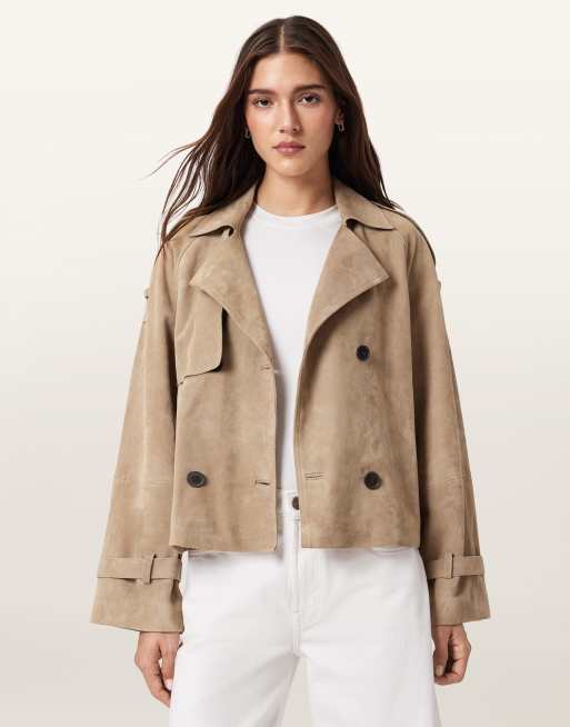AllSaints - Reed - Korte trenchcoat van suède met riem in taupe, 2 van 4