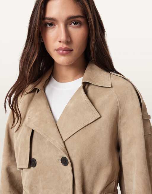 AllSaints - Reed - Korte trenchcoat van suède met riem in taupe, 4 van 4