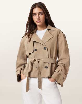 AllSaints - Reed - Kurzer Trenchcoat aus Wildleder in Taupe mit Gürtel-Brown