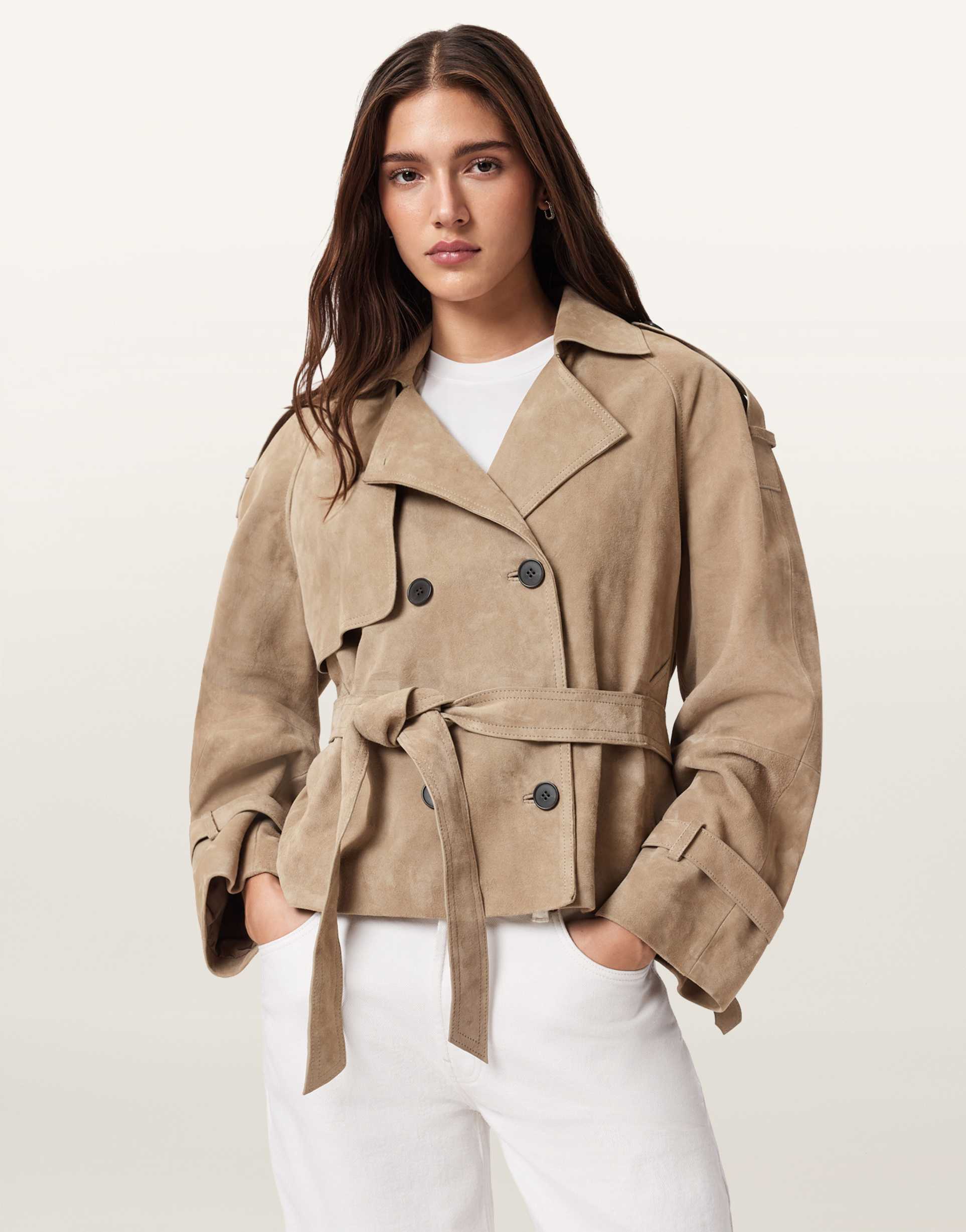 allsaints reed short belted suede trench coat in taupe