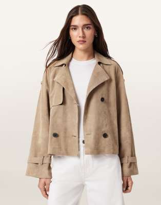 Allsaints Reed Short Belted Suede Trench Coat In Brown