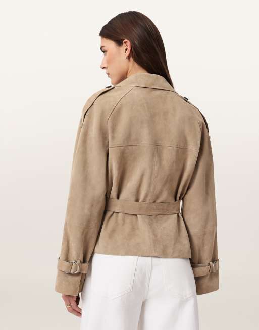 AllSaints - Reed - Trench corto in camoscio color talpa con cintura, 3 di 4