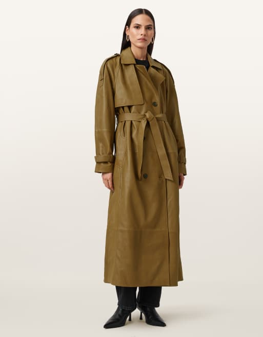 AllSaints – Reed – Trenchcoat in Fango-Grün