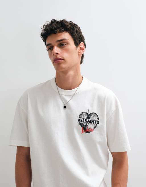 AllSaints Reflect short sleeve graphic logo t-shirt with back print in white, 2 of 5