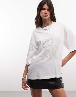 AllSaints Reflex Amelie short sleeve boxy t-shirt with embellished graphic logo in white