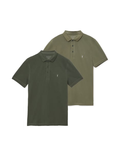 AllSaints – Reform – 2er-Pack kurzärmlige Polohemden in Grün/Seesackgrün - view 1