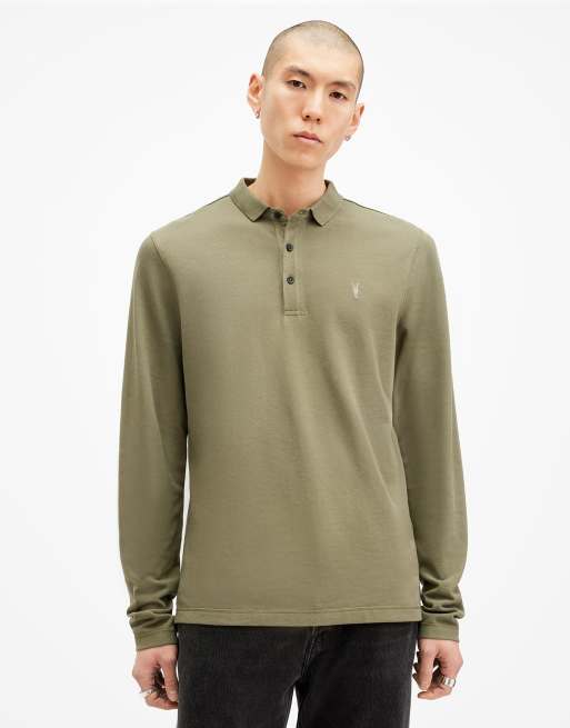 AllSaints – Reform – Langärmliges Polohemd in Blumengrün
