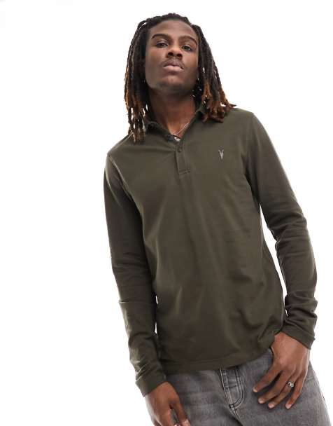 AllSaints Merino Long Sleeve Polo Shirt, Stone Taupe Marl, XS