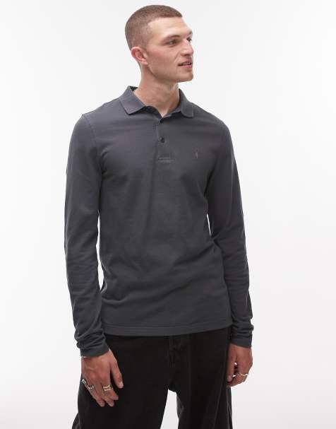 AllSaints Reform long sleeve polo shirt in dusty blue - view 1