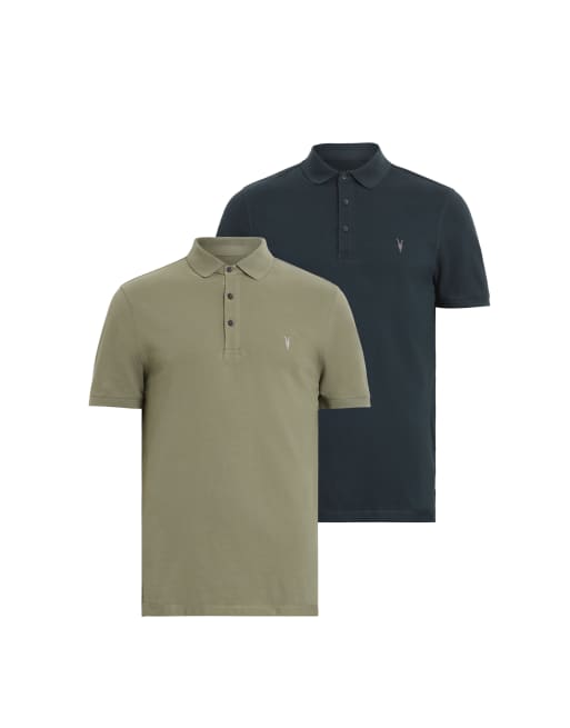 AllSaints - Reform - Set van 2 polo's met korte mouwen in donkerblauw en groen