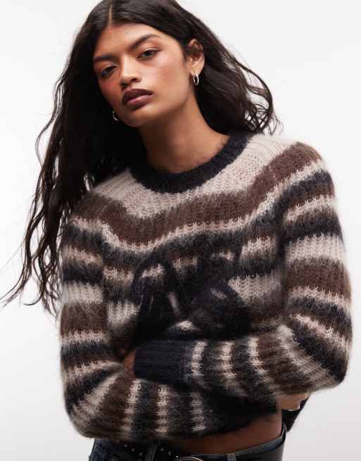 AllSaints Rega pull en maille à rayures logo marron, 2 de 4