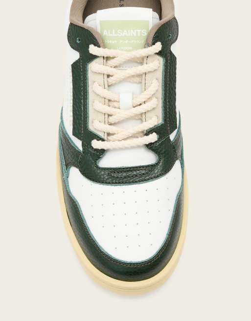 AllSaints Regan leather low top trainers in white and green, 3 of 4