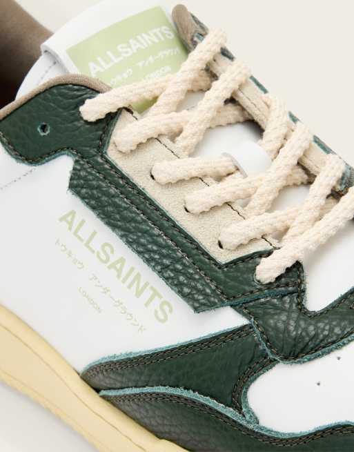 AllSaints Regan leather low top trainers in white and green, 4 of 4