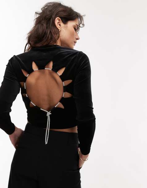 AllSaints Regina velvet top with crystal back tie in black - view 1