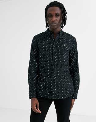 AllSaints regular fit shirt with ramskull in black polka dot