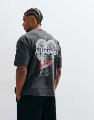 AllSaints Relfect short sleeve graphic logo t-shirt with back print in washed black
