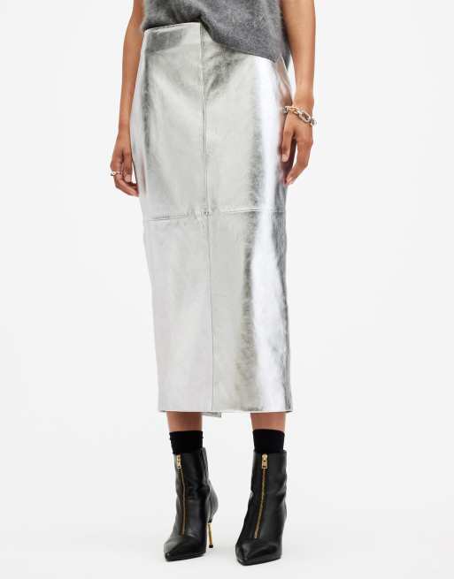 Jupe Crayon AllSaints Grise Laine Mélangée – Taille 8 – État Très Bon – Idéal Travail