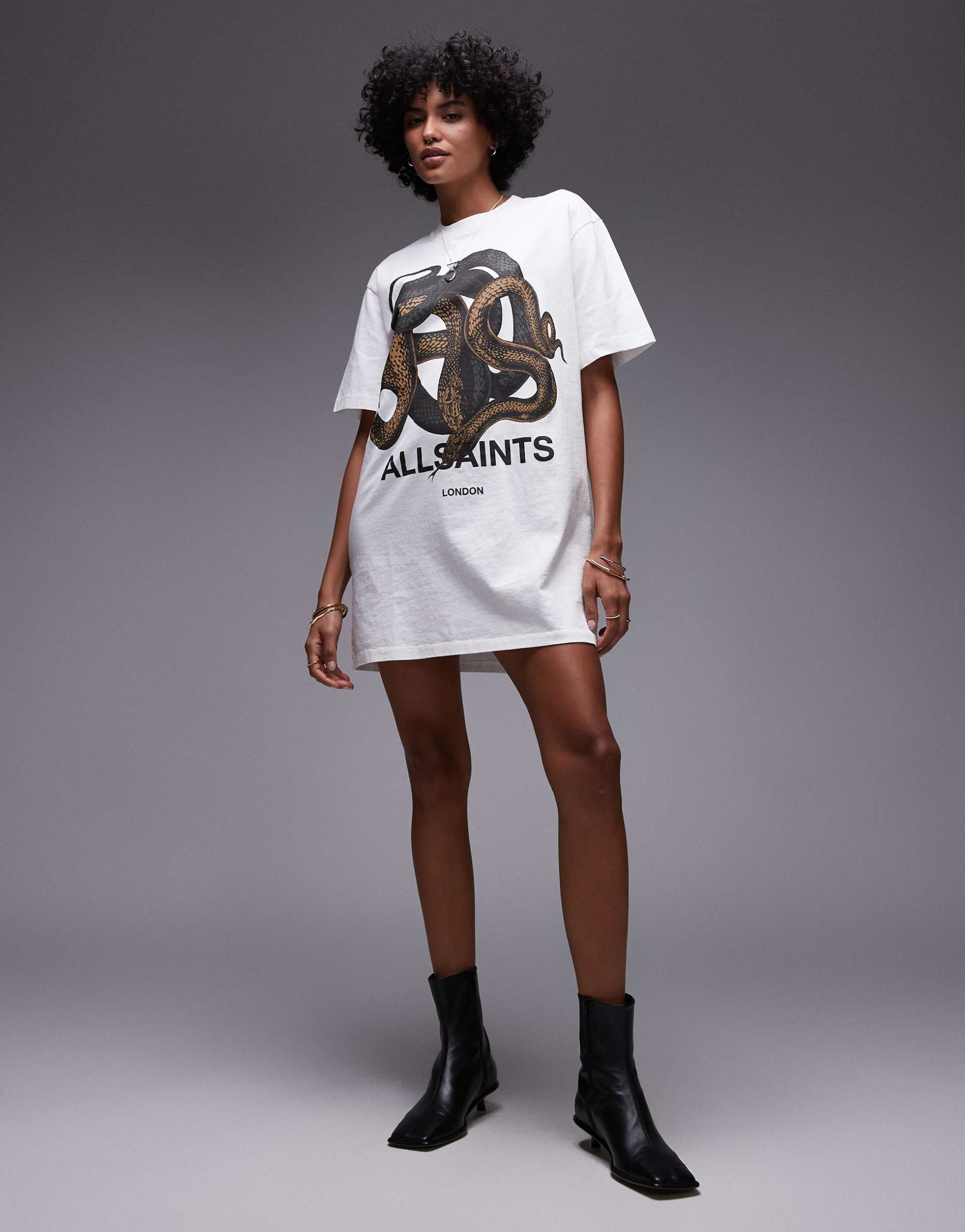 allsaints reticulate graphic t-shirt dress in washed black