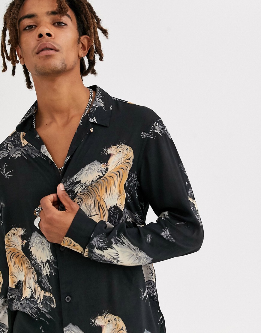 AllSaints revere collar shirt with tiger print in black