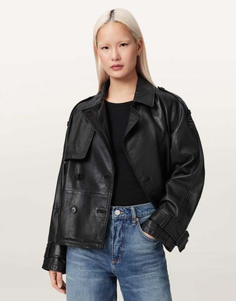 AllSaints – Reya – Cropped-Trenchcoat aus Leder in Schwarz - view 1