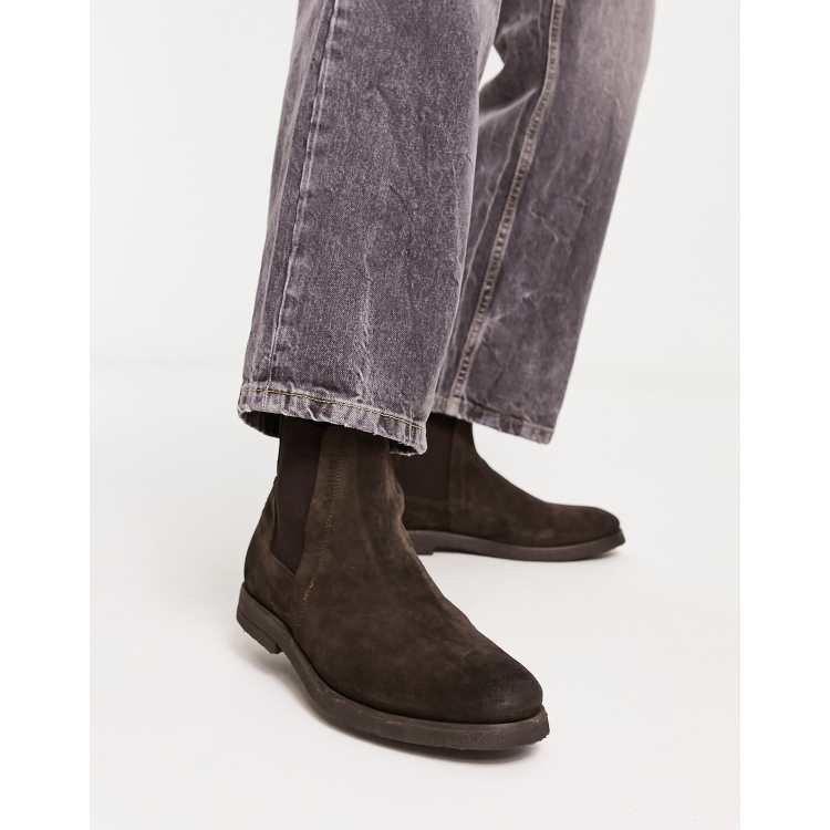 AllSaints Rhett suede chelsea boots in brown with gum sole 